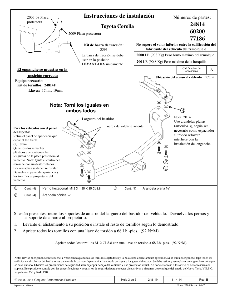 Instrucciones de instalación, Toyota corolla, Números de partes | Nota: tornillos iguales en ambos lados | Draw-Tite 24814 SPORTFRAME HITCH User Manual | Page 3 / 3