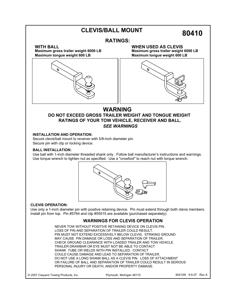 Draw-Tite 80410 CLEVIS BALL MOUNT User Manual | 1 page