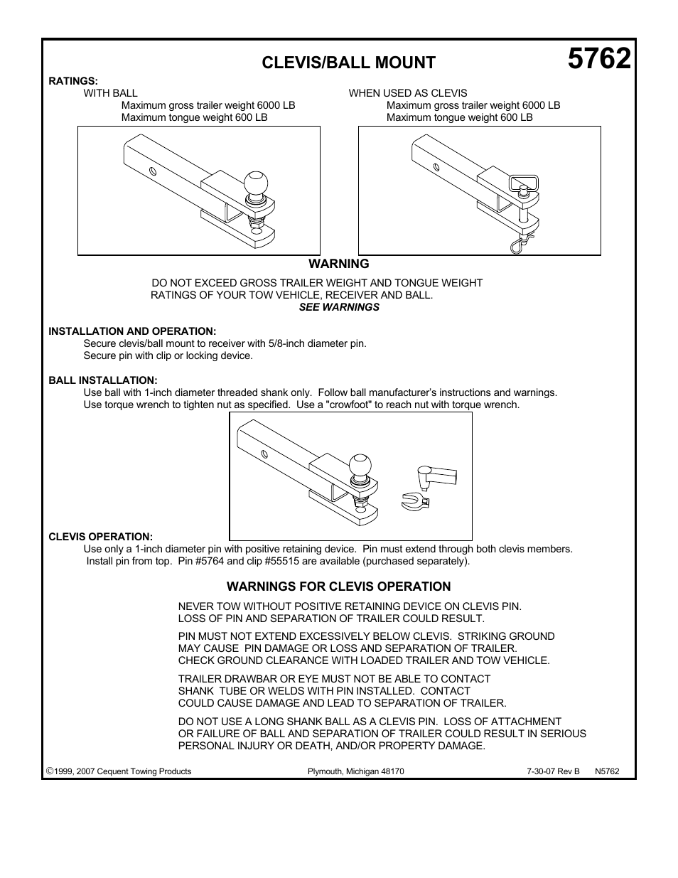 Draw-Tite 5762 CLEVIS BALL MOUNT User Manual | 1 page