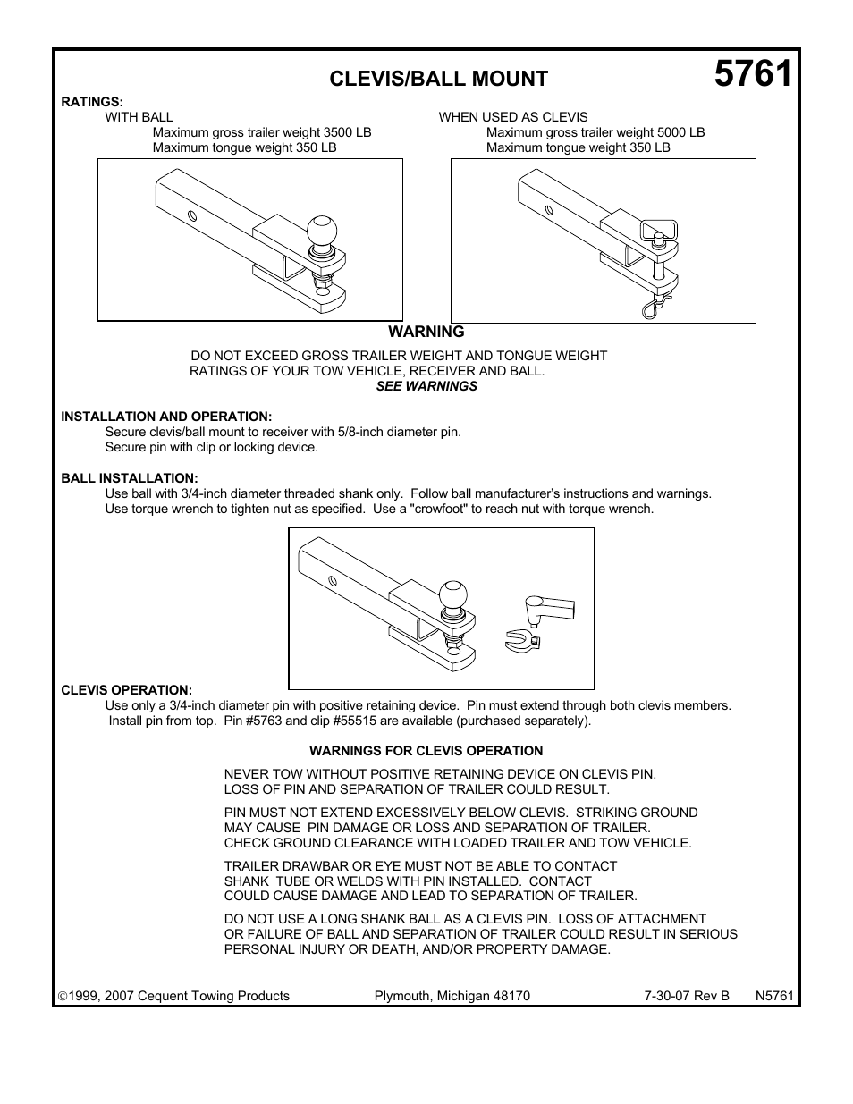 Draw-Tite 5761 CLEVIS BALL MOUNT User Manual | 1 page