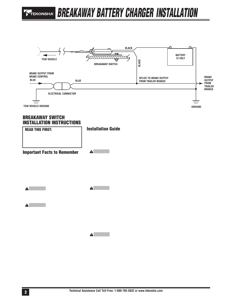 Breakaway battery charger installation, Breakaway switch installation instructions, Installation guide | Important facts to remember | Draw-Tite 1026 BREAKAWAY SYSTEM User Manual | Page 2 / 2