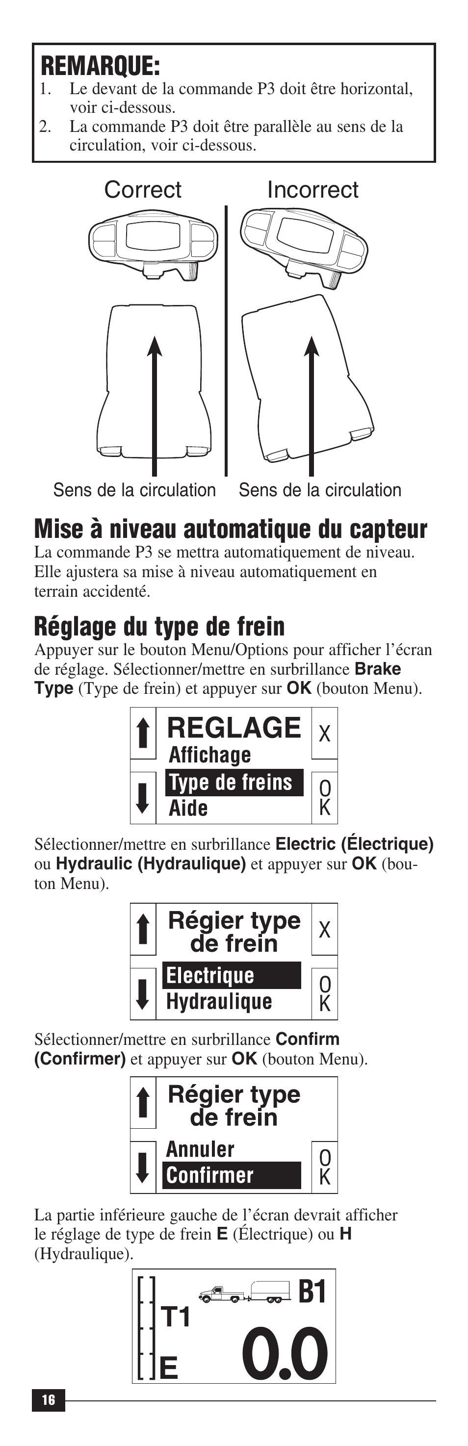 Remarque, Mise à niveau automatique du capteur, Réglage du type de frein | Incorrect correct | Draw-Tite 90195 P3 User Manual | Page 16 / 36