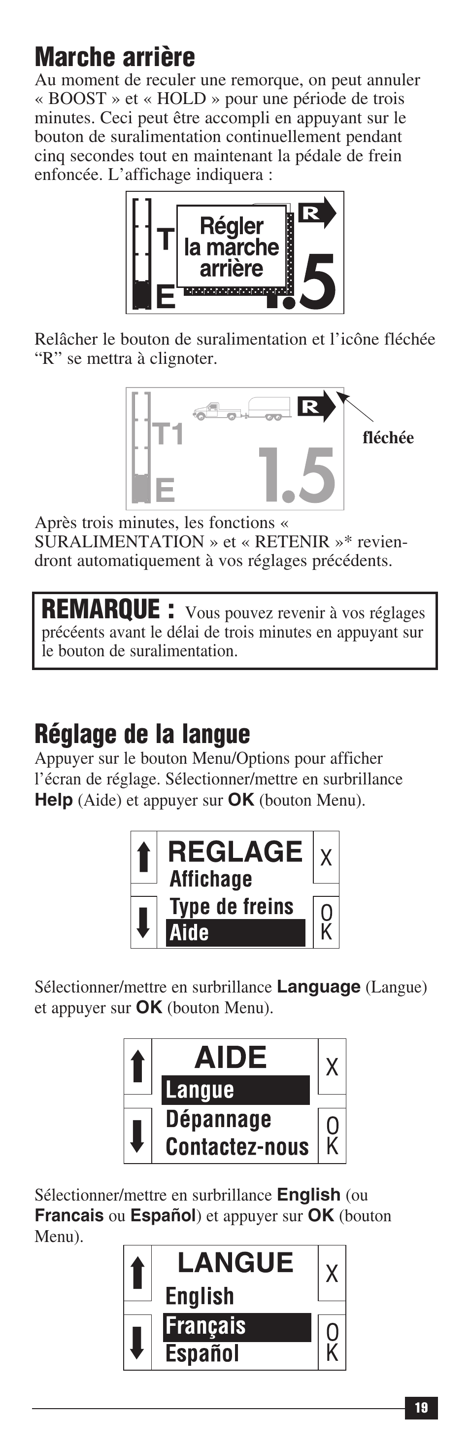 Marche arrière, Remarque, Réglage de la langue | Draw-Tite 90195 P3 User Manual | Page 19 / 36