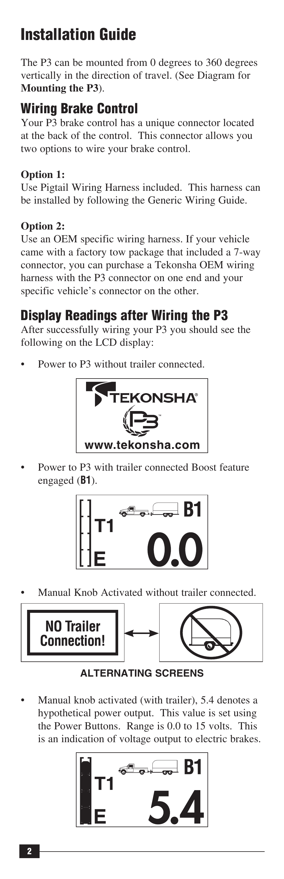 Installation guide, Wiring brake control, Display readings after wiring the p3 | Draw-Tite 90195 P3 User Manual | Page 2 / 36