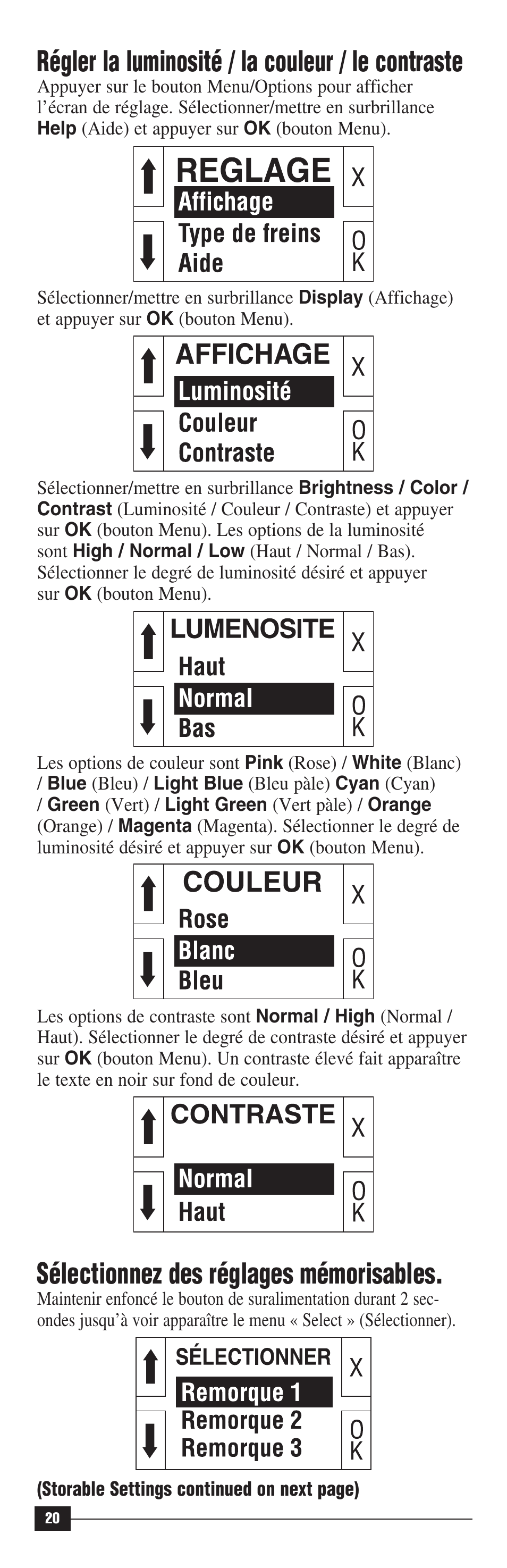 Régler la luminosité / la couleur / le contraste, Sélectionnez des réglages mémorisables | Draw-Tite 90195 P3 User Manual | Page 20 / 36