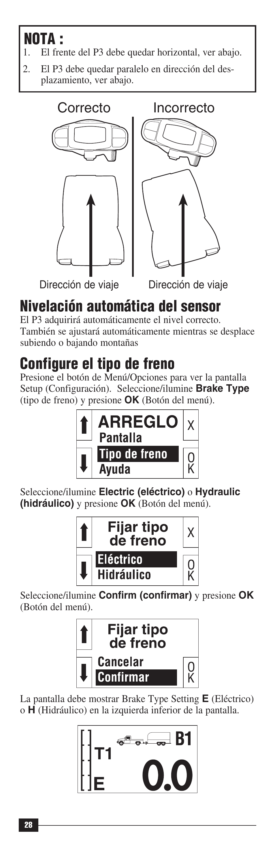 Nota, Nivelación automática del sensor, Configure el tipo de freno | Incorrecto correcto | Draw-Tite 90195 P3 User Manual | Page 28 / 36