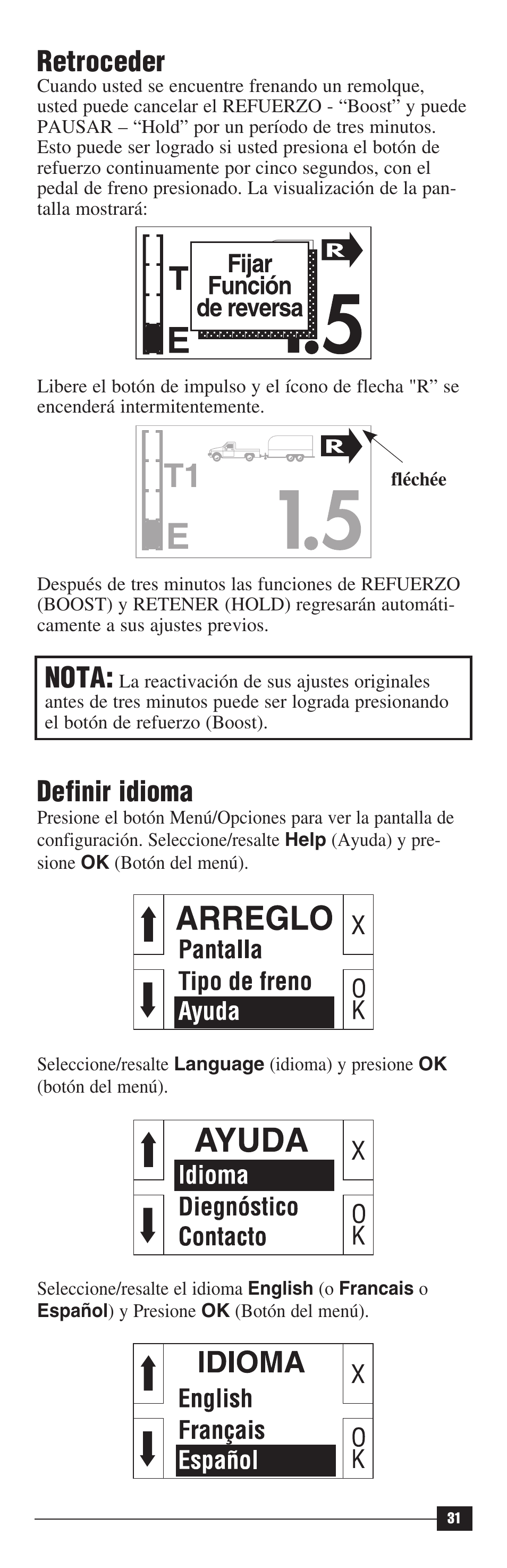 Retroceder, Nota, Definir idioma | Draw-Tite 90195 P3 User Manual | Page 31 / 36