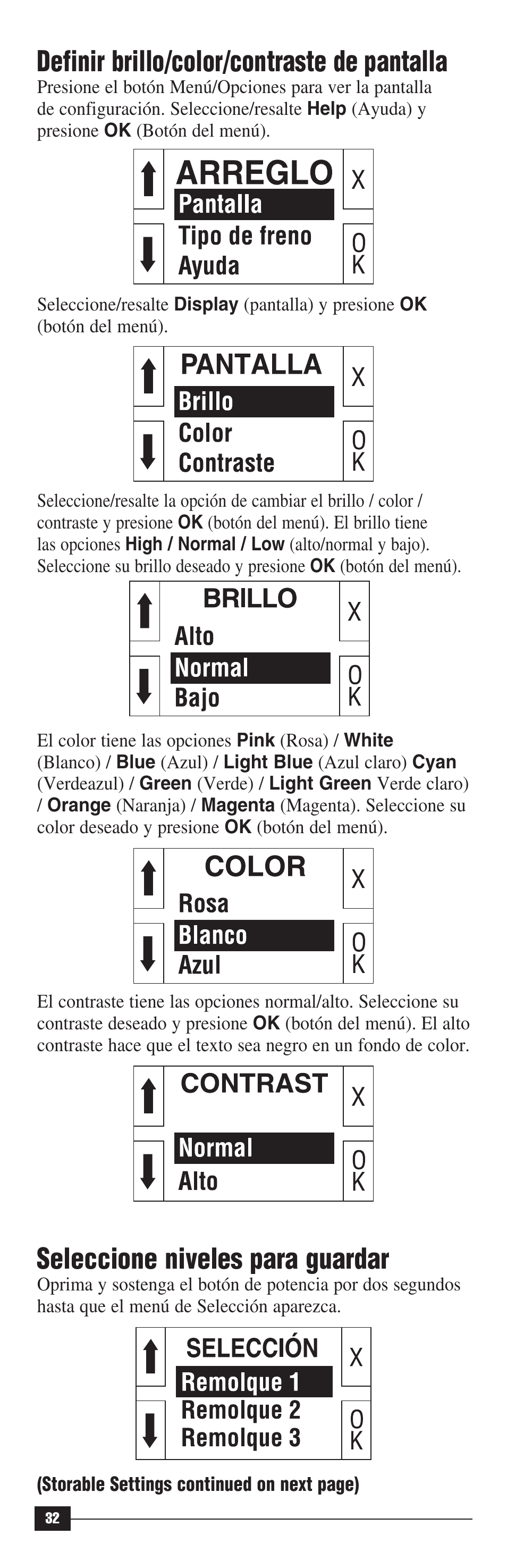 Definir brillo/color/contraste de pantalla, Seleccione niveles para guardar | Draw-Tite 90195 P3 User Manual | Page 32 / 36