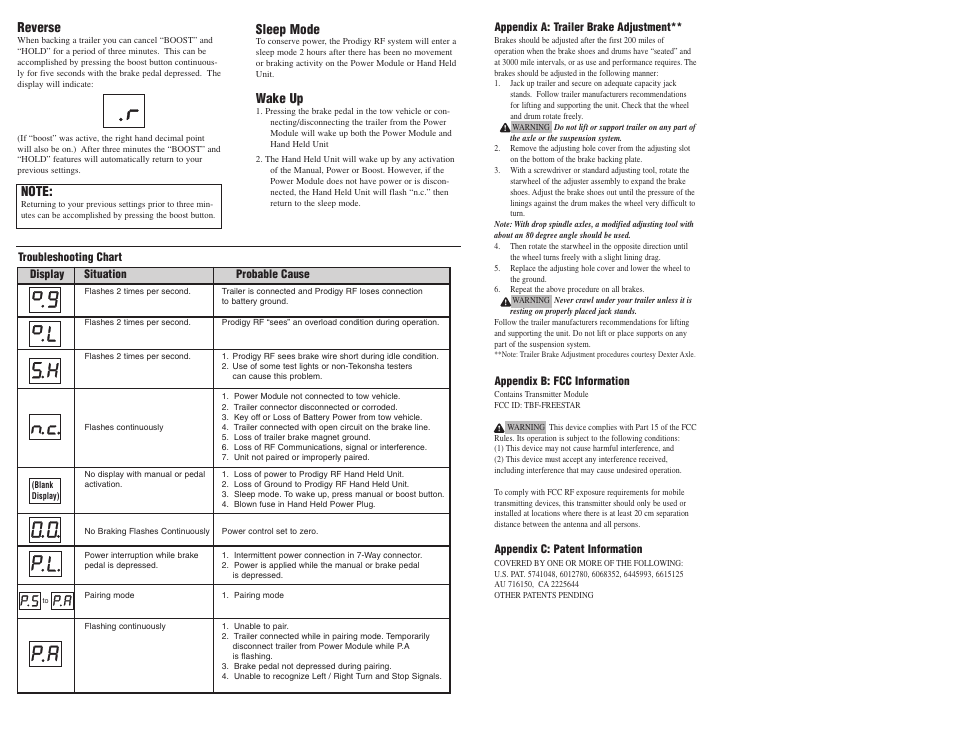 Sleep mode, Wake up, Reverse | Draw-Tite 90250 PRODIGY RF User Manual | Page 3 / 9