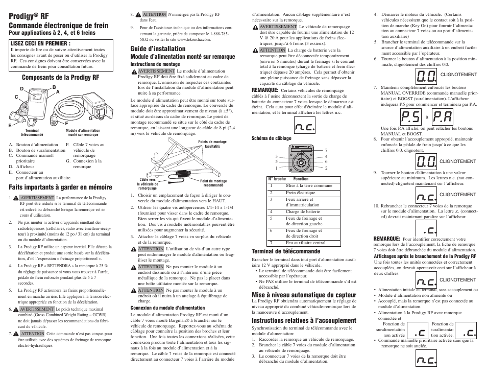 Prodigy, Commande électronique de frein, Composants de la prodigy rf | Faits importants à garder en mémoire, Guide d’installation, Instructions relatives à l’accouplement, Mise à niveau automatique du capteur | Draw-Tite 90250 PRODIGY RF User Manual | Page 4 / 9