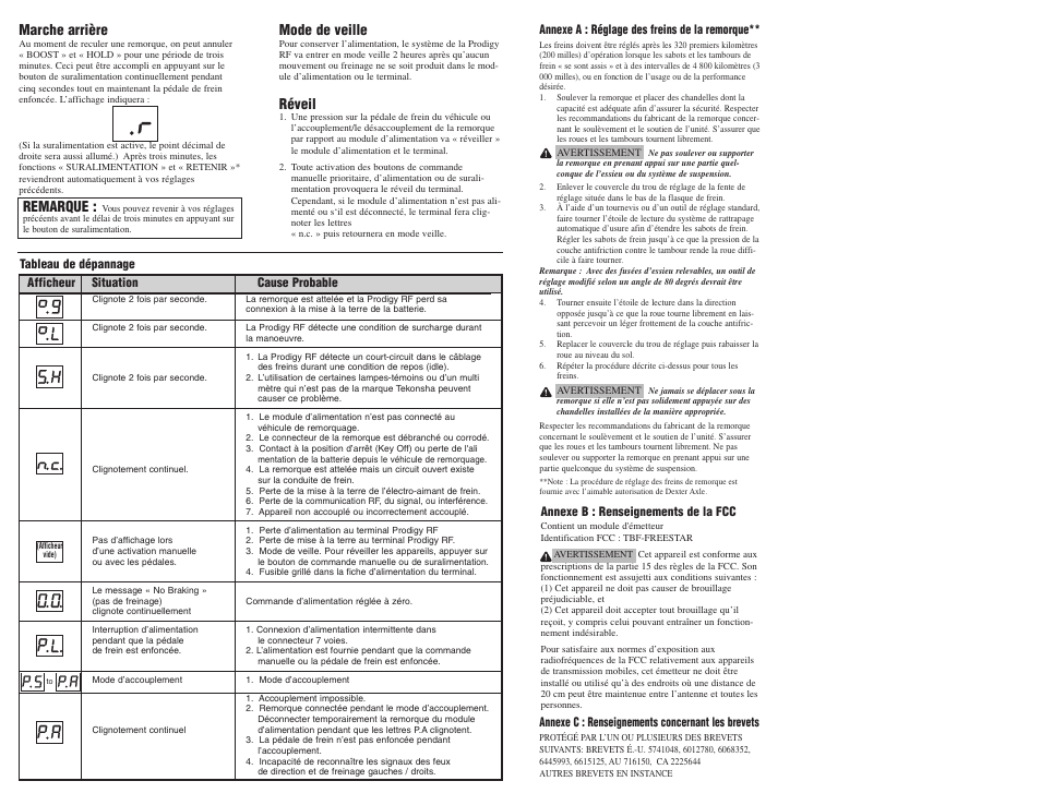 Mode de veille, Réveil, Marche arrière | Remarque | Draw-Tite 90250 PRODIGY RF User Manual | Page 6 / 9