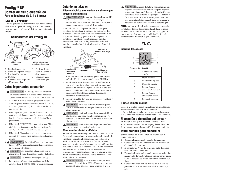Prodigy, Control de freno electrónico, Componentes del prodigy rf | Datos importantes a recordar, Guía de instalación, Instrucciones para emparejar, Nivelación automática del sensor | Draw-Tite 90250 PRODIGY RF User Manual | Page 7 / 9