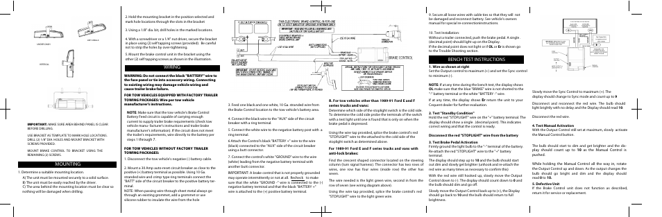 Mounting, Wiring, Bench test instructions | Draw-Tite 5520 ACTIVATOR III BRAKE CONTROL User Manual | Page 2 / 2