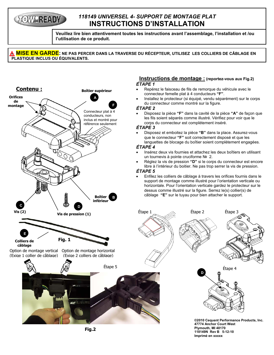 Instructions d’installation, Contenu, Mise en garde | Instructions de montage | Draw-Tite 118149 MOUNTING BRACKET User Manual | Page 2 / 3