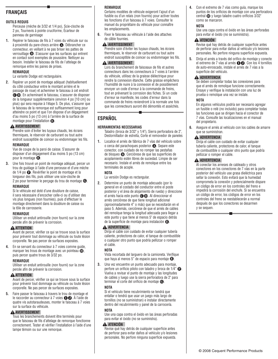 Français, Español | Draw-Tite 20110 FIFTH WHEEL HARNESS User Manual | Page 2 / 2