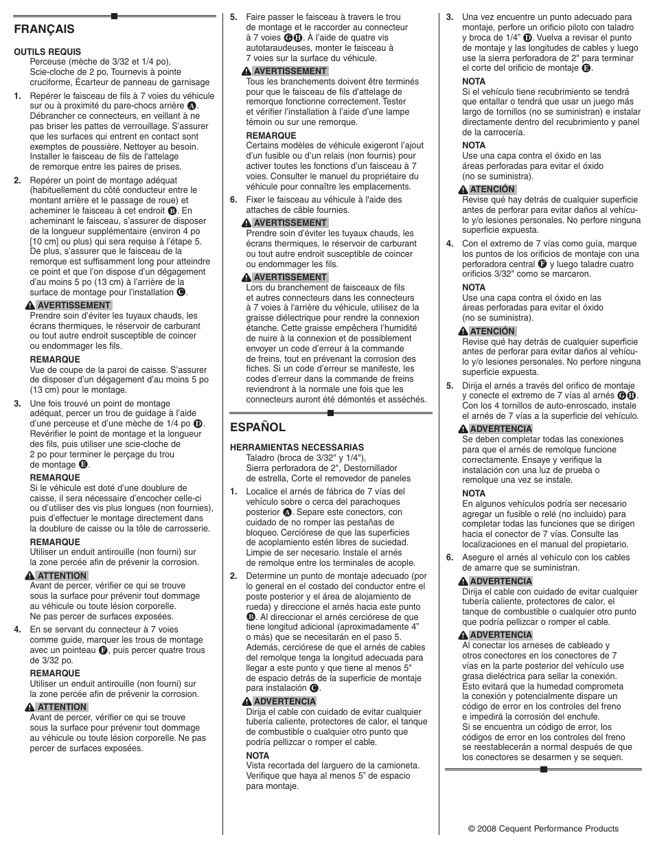Français, Español | Draw-Tite 20113 FIFTH WHEEL HARNESS User Manual | Page 2 / 2