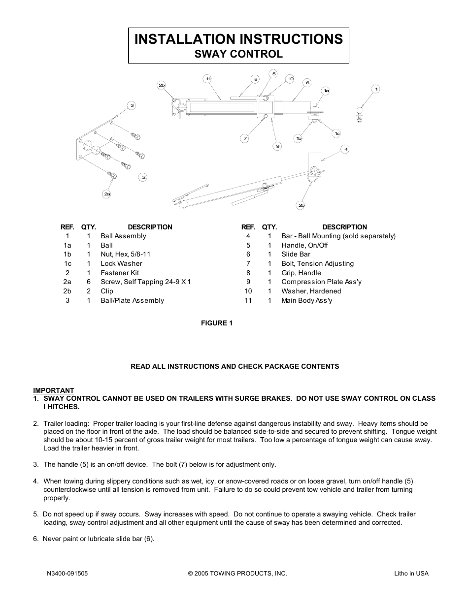 Draw-Tite 3400 FRICTION SWAY CONTROL User Manual | 2 pages