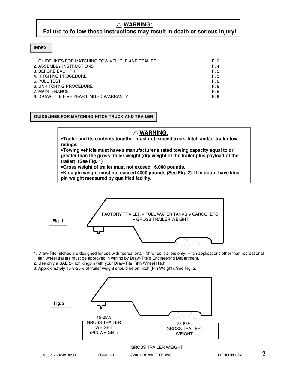 Warning | Draw-Tite 6033 16K 5TH WHEEL User Manual | Page 2 / 10