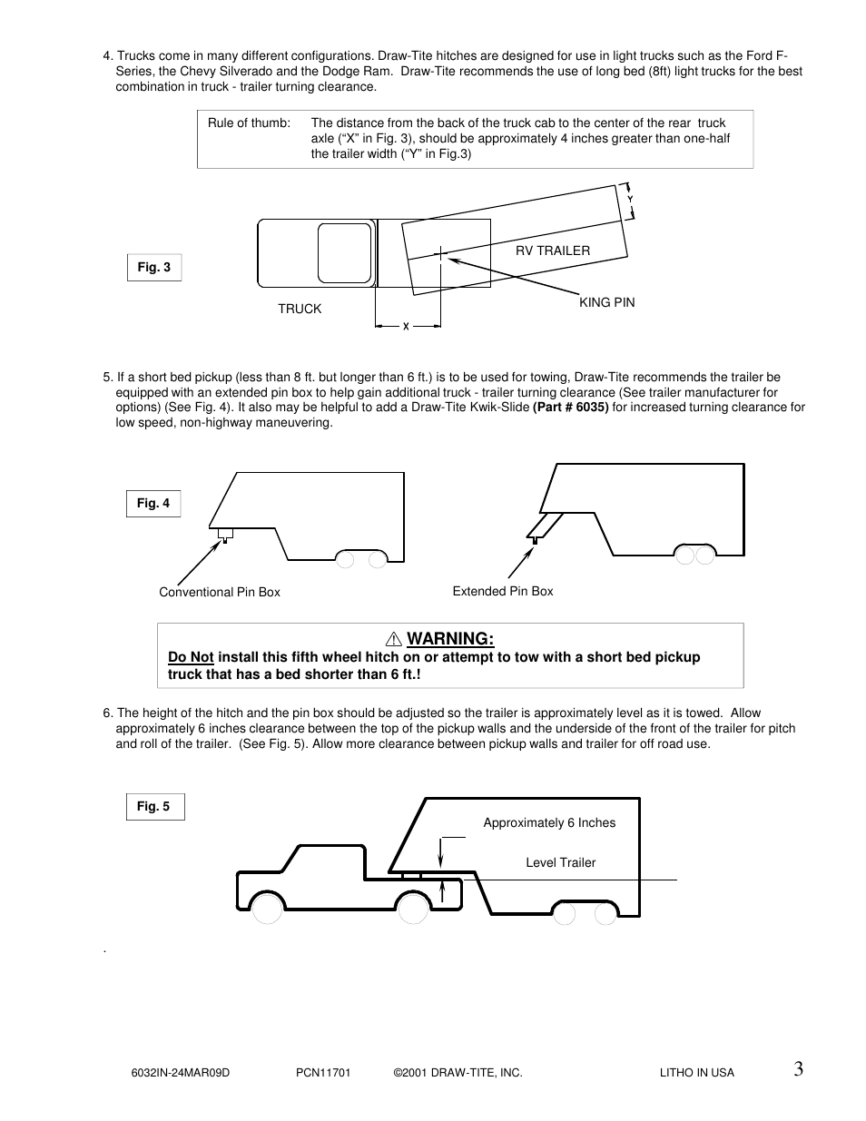 Warning | Draw-Tite 6033 16K 5TH WHEEL User Manual | Page 3 / 10