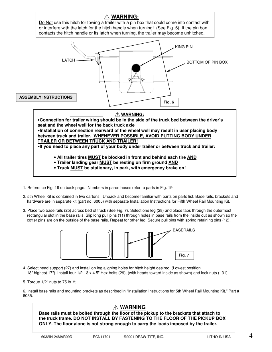 Warning | Draw-Tite 6033 16K 5TH WHEEL User Manual | Page 4 / 10