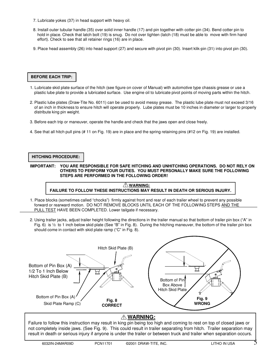 Warning | Draw-Tite 6033 16K 5TH WHEEL User Manual | Page 5 / 10