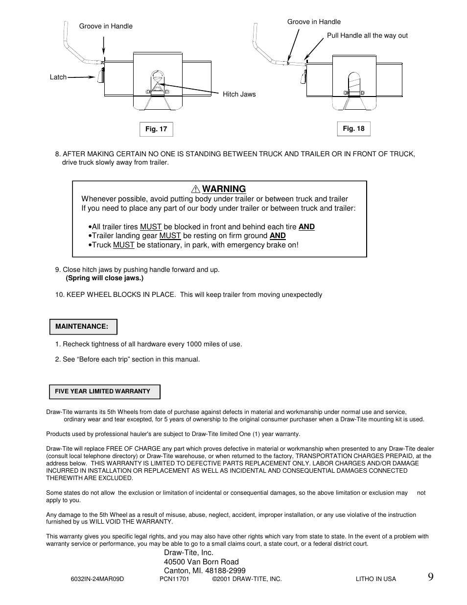 Warning | Draw-Tite 6033 16K 5TH WHEEL User Manual | Page 9 / 10