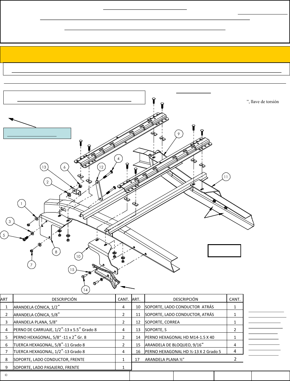 Instalación de 10 pernos, Figura 1, Número de parte | Frente del vehículo, Advertencia, Tornillos iguales en ambos lados | Draw-Tite 50084 CUSTOM QUICK INSTALL BRACKETS User Manual | Page 11 / 15