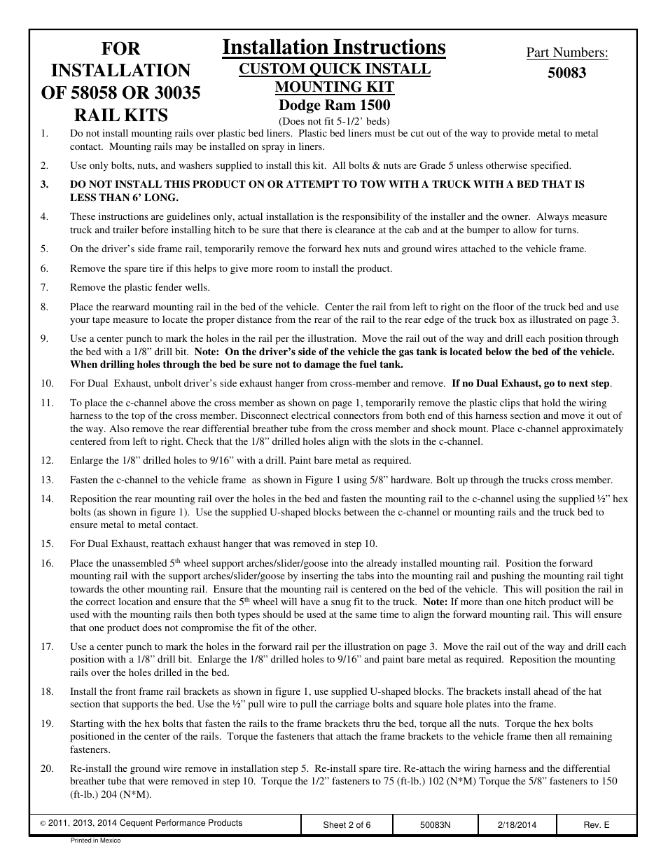 Installation instructions, Custom quick install mounting kit dodge ram 1500, Part numbers | Draw-Tite 50083 CUSTOM QUICK INSTALL BRACKETS User Manual | Page 3 / 7