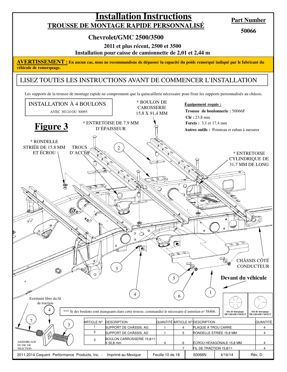 Installation instructions, Figure 3, Devant du véhicule | Installation à 4 boulons, Avertissement | Draw-Tite 50066 CUSTOM QUICK INSTALL BRACKETS User Manual | Page 10 / 18