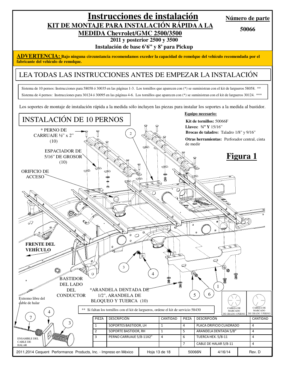 Instrucciones de instalación, Figura 1, Instalación de 10 pernos | Advertencia | Draw-Tite 50066 CUSTOM QUICK INSTALL BRACKETS User Manual | Page 13 / 18