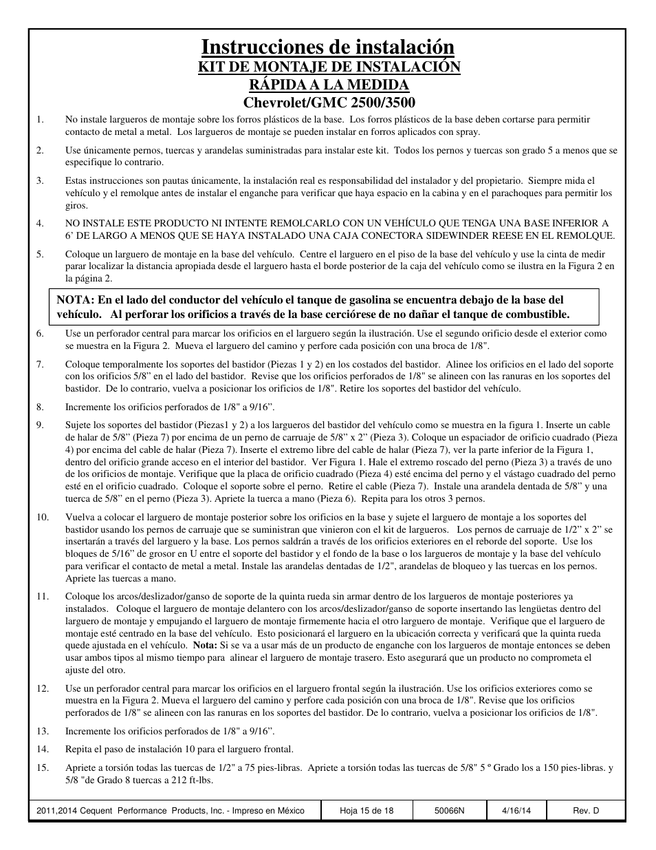 Instrucciones de instalación | Draw-Tite 50066 CUSTOM QUICK INSTALL BRACKETS User Manual | Page 15 / 18