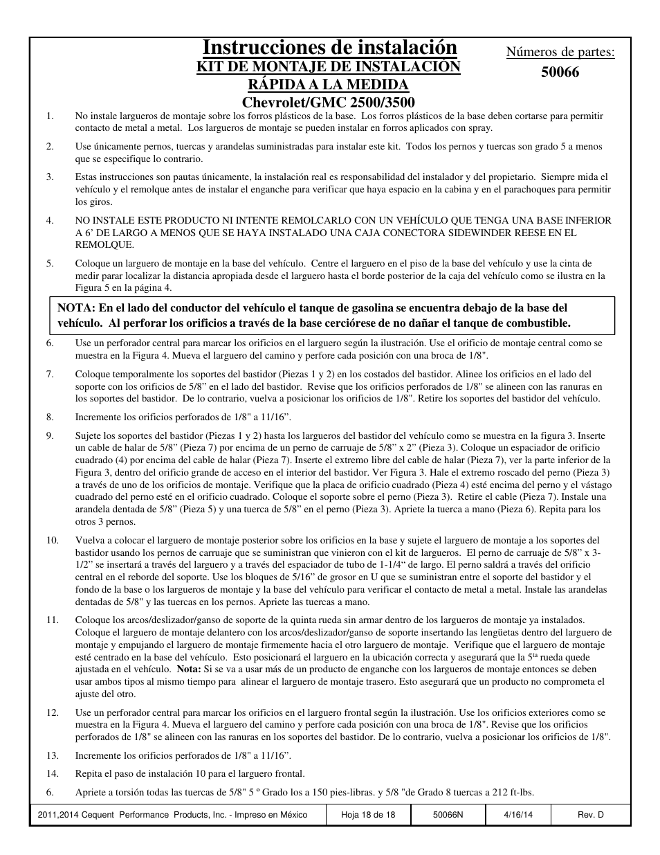 Instrucciones de instalación, Números de partes | Draw-Tite 50066 CUSTOM QUICK INSTALL BRACKETS User Manual | Page 18 / 18