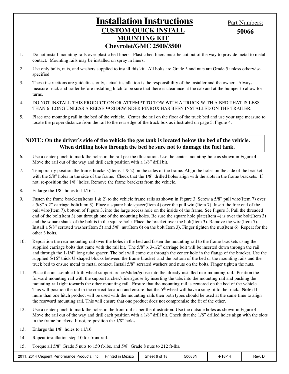 Installation instructions, Part numbers | Draw-Tite 50066 CUSTOM QUICK INSTALL BRACKETS User Manual | Page 6 / 18