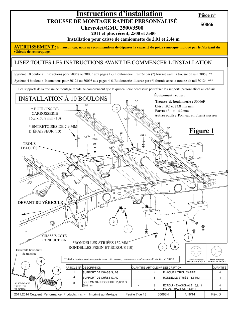 Instructions d’installation, Figure 1, Installation à 10 boulons | Pièce n, Avertissement | Draw-Tite 50066 CUSTOM QUICK INSTALL BRACKETS User Manual | Page 7 / 18