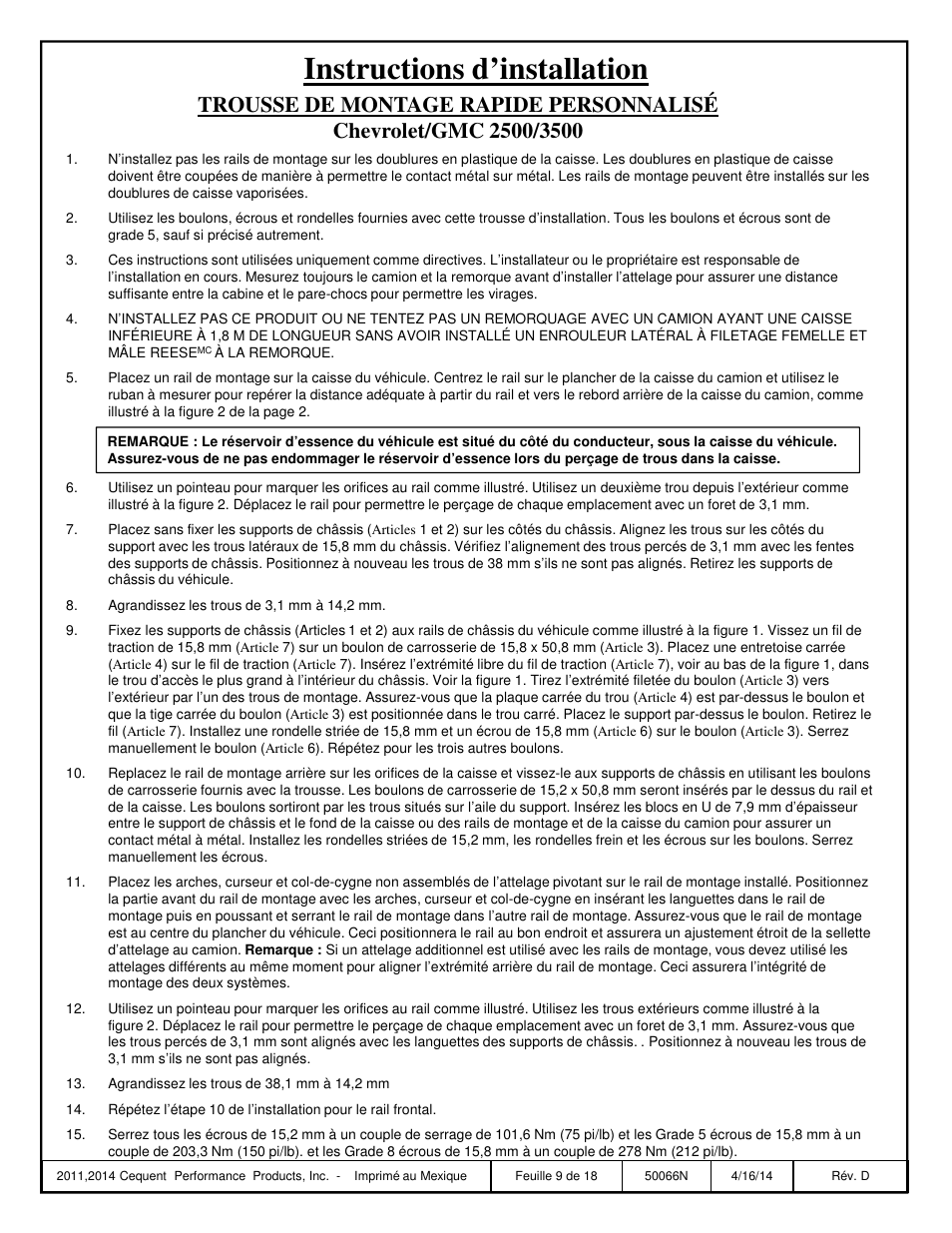 Instructions d’installation | Draw-Tite 50066 CUSTOM QUICK INSTALL BRACKETS User Manual | Page 9 / 18
