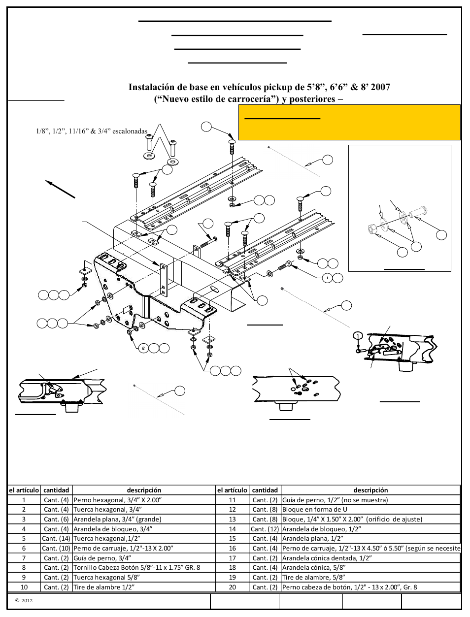 Instrucciones de instalación, Número de partes, Advertencia | Figura 2c, Figura 2b, Figura 1, Figure 2d, Figura 2a | Draw-Tite 50064 CUSTOM QUICK INSTALL BRACKETS User Manual | Page 23 / 33