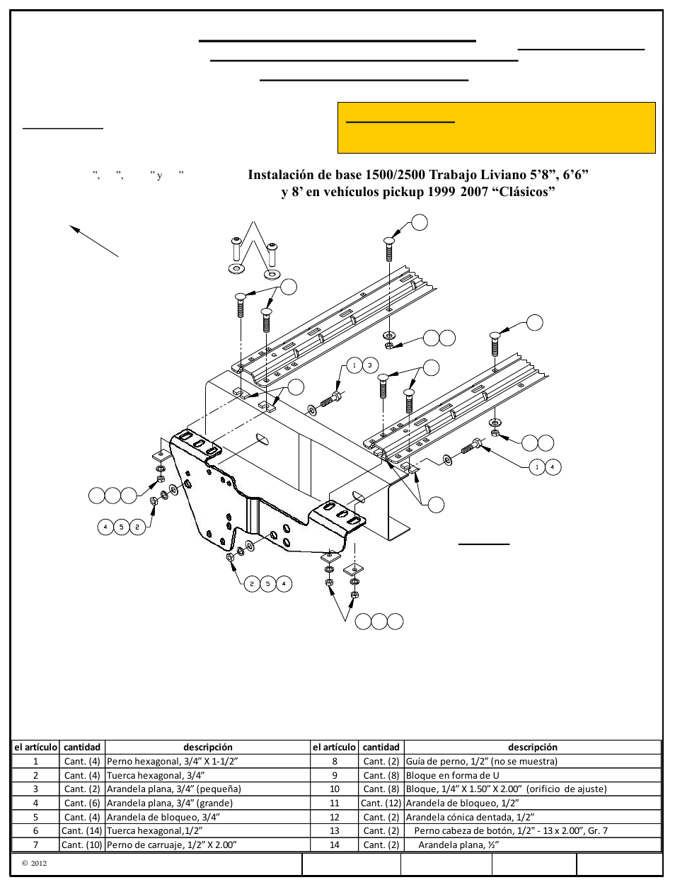 Instrucciones de instalación, Números de partes, Advertencia | Figura 1 | Draw-Tite 50064 CUSTOM QUICK INSTALL BRACKETS User Manual | Page 27 / 33