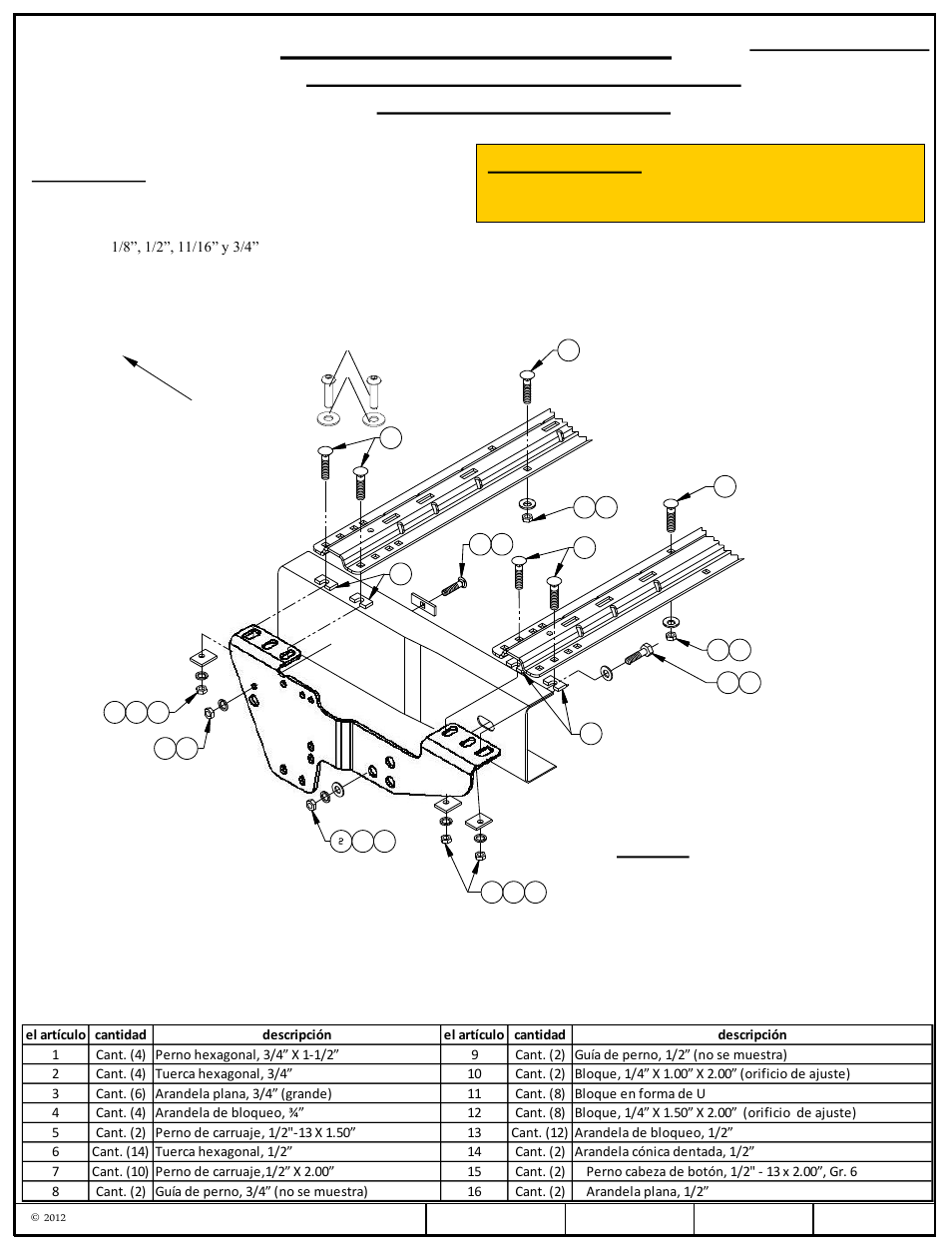 Instrucciones de instalación, Aplicación opcional con perforación, Números de partes | Advertencia, Figura 1 | Draw-Tite 50064 CUSTOM QUICK INSTALL BRACKETS User Manual | Page 29 / 33