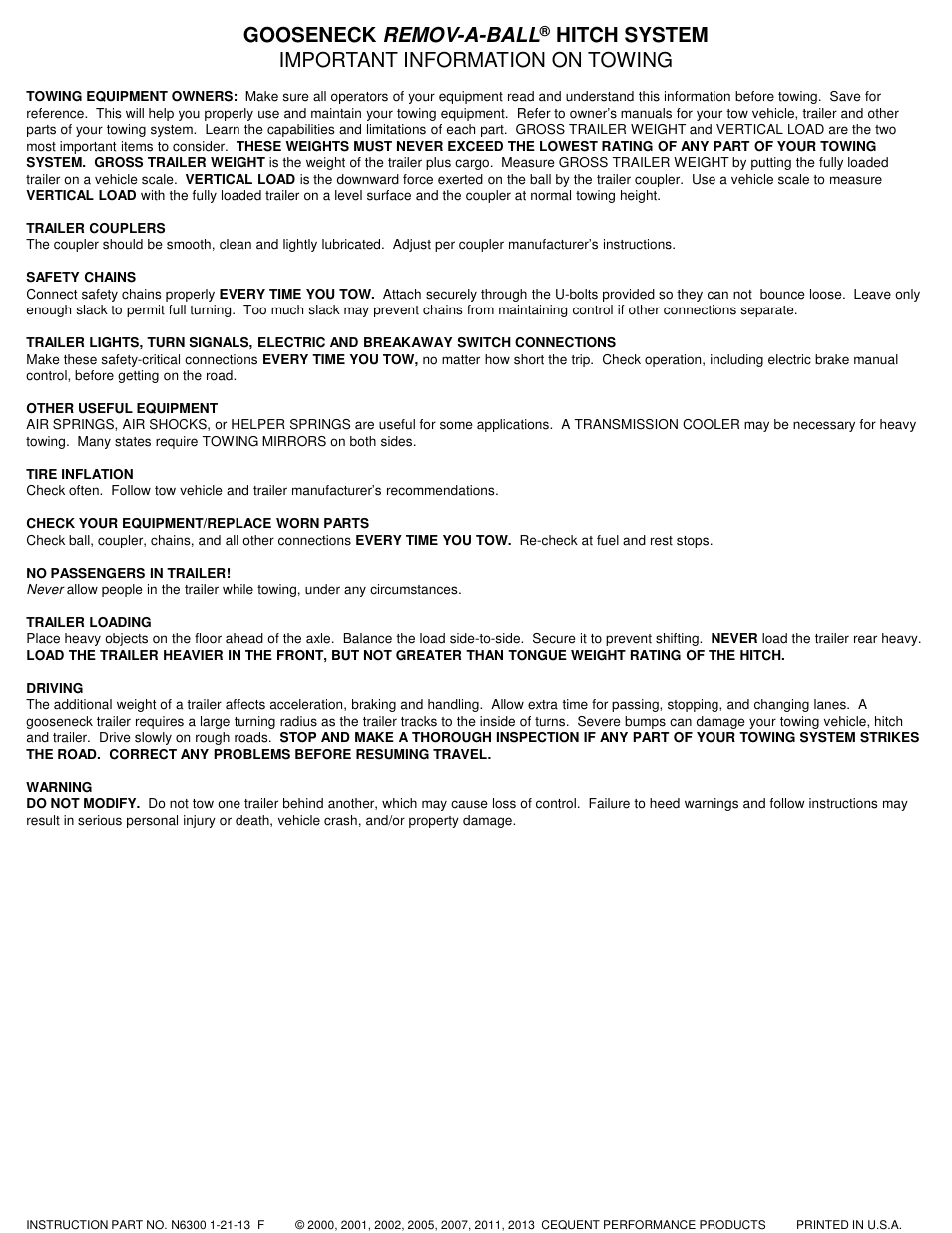 Gooseneck remov-a-ball, Hitch system important information on towing | Draw-Tite 6300 REMOV-A-BALL GOOSENECK User Manual | Page 4 / 4