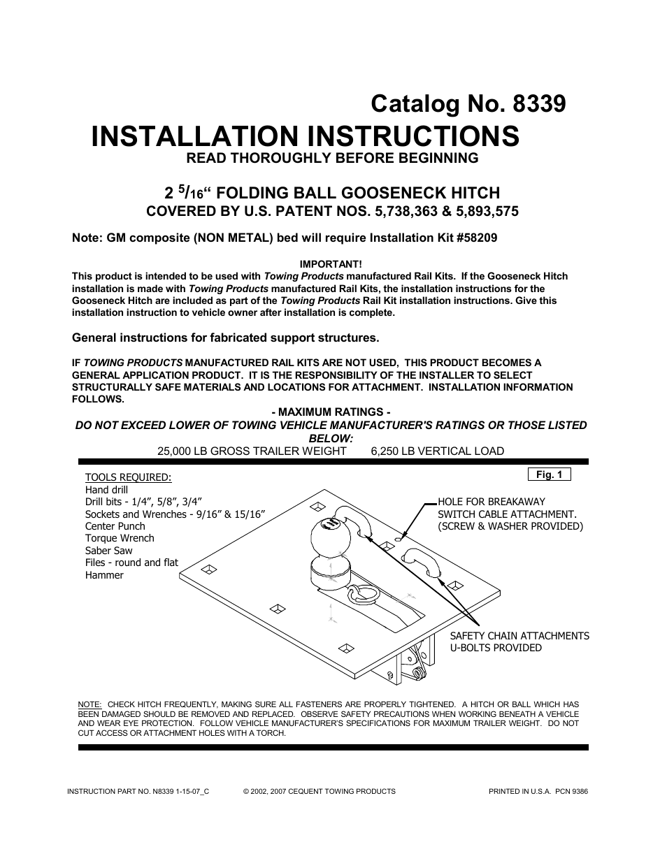 Draw-Tite 8339 FOLD-DOWN GOOSENECK User Manual | 5 pages