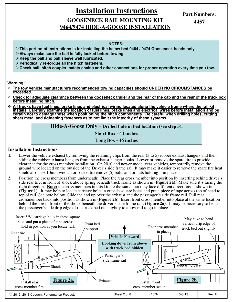 Installation instructions, 4457 hide-a-goose only, Part numbers | Draw-Tite 4457 GOOSENECK RAIL KIT User Manual | Page 2 / 8
