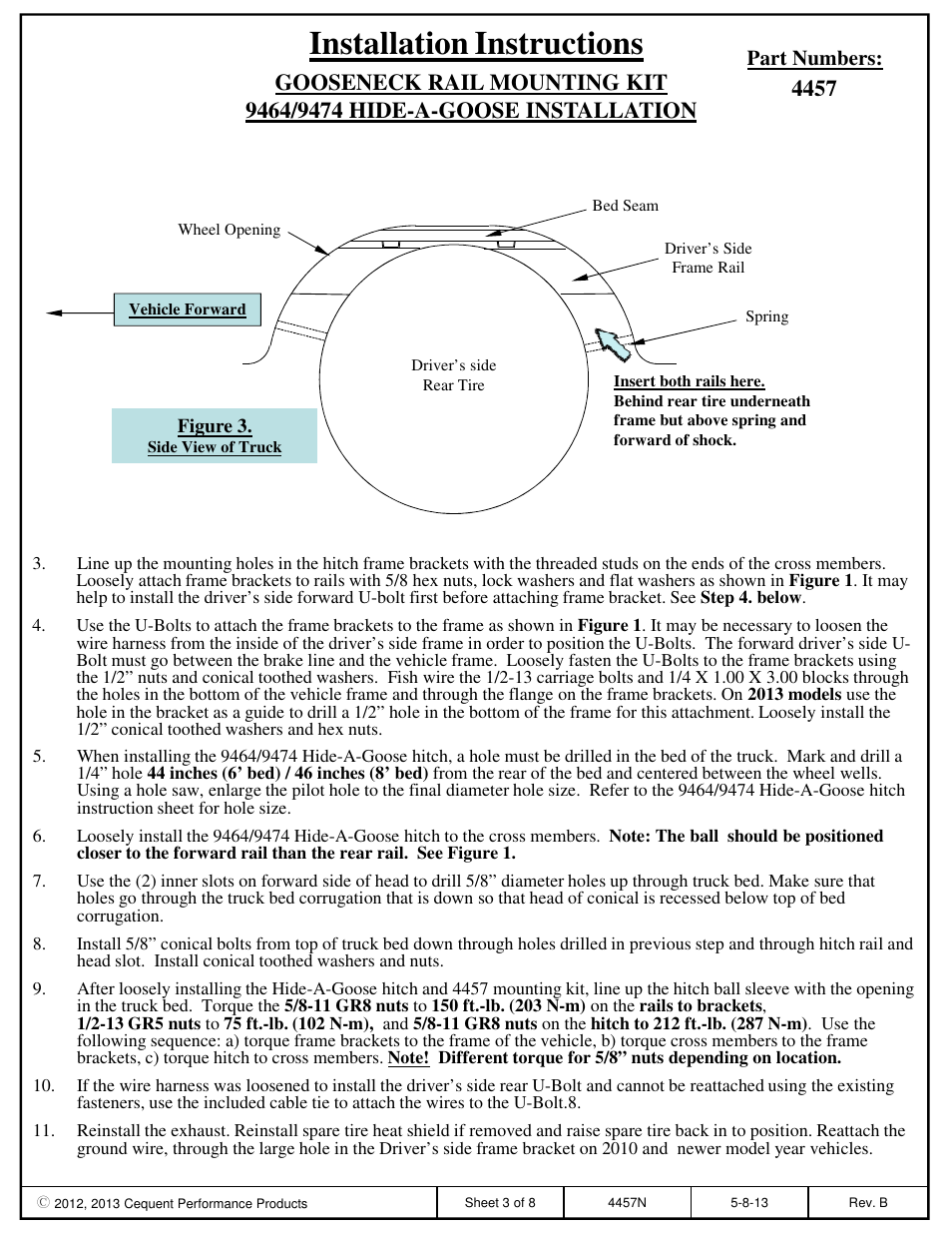 Installation instructions, Part numbers | Draw-Tite 4457 GOOSENECK RAIL KIT User Manual | Page 3 / 8