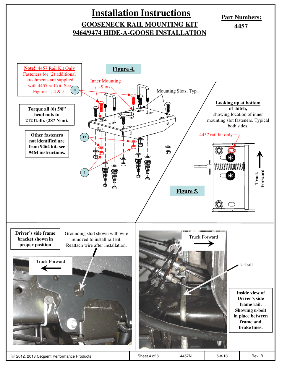 Installation instructions, Part numbers | Draw-Tite 4457 GOOSENECK RAIL KIT User Manual | Page 4 / 8