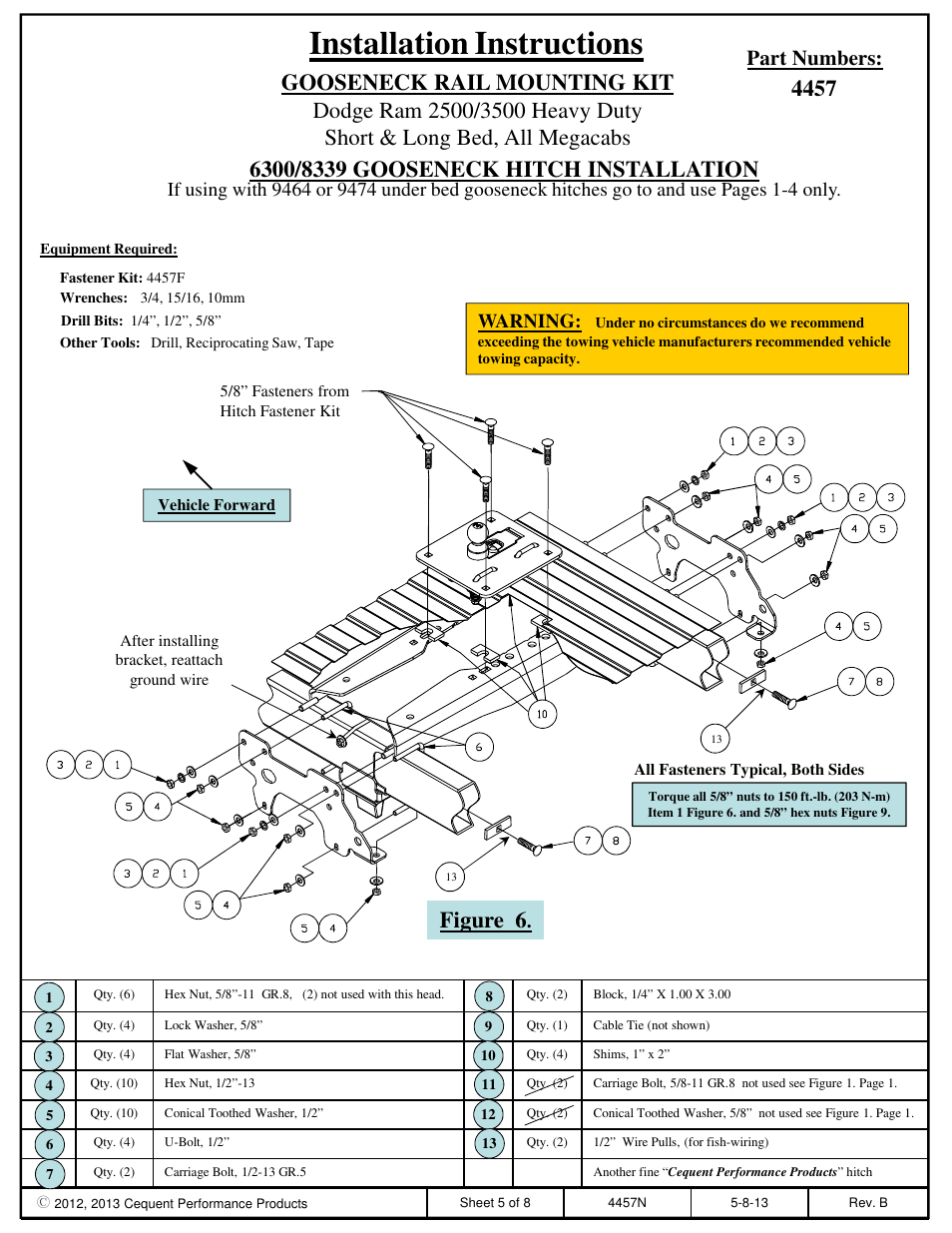 Installation instructions, Figure 6, Part numbers | Warning | Draw-Tite 4457 GOOSENECK RAIL KIT User Manual | Page 5 / 8