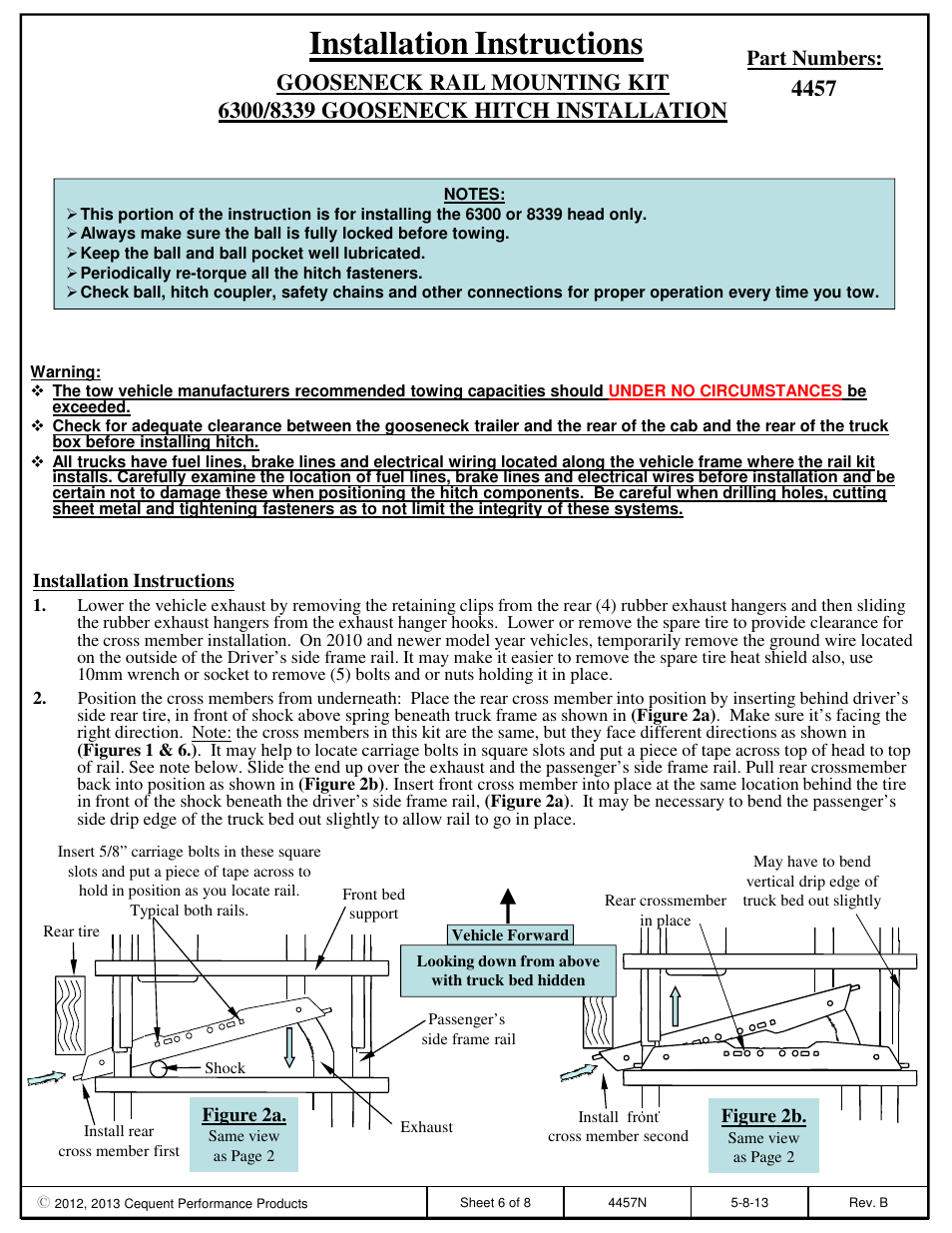 Installation instructions, Part numbers | Draw-Tite 4457 GOOSENECK RAIL KIT User Manual | Page 6 / 8