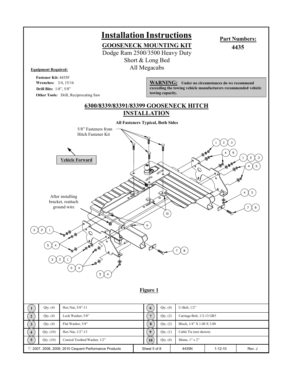 Installation instructions, Part numbers, Warning | Figure 1 | Draw-Tite 4435 GOOSENECK RAIL KIT User Manual | Page 5 / 8