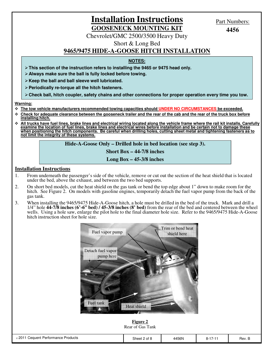 Installation instructions, Part numbers | Draw-Tite 4456 GOOSENECK RAIL KIT User Manual | Page 2 / 8