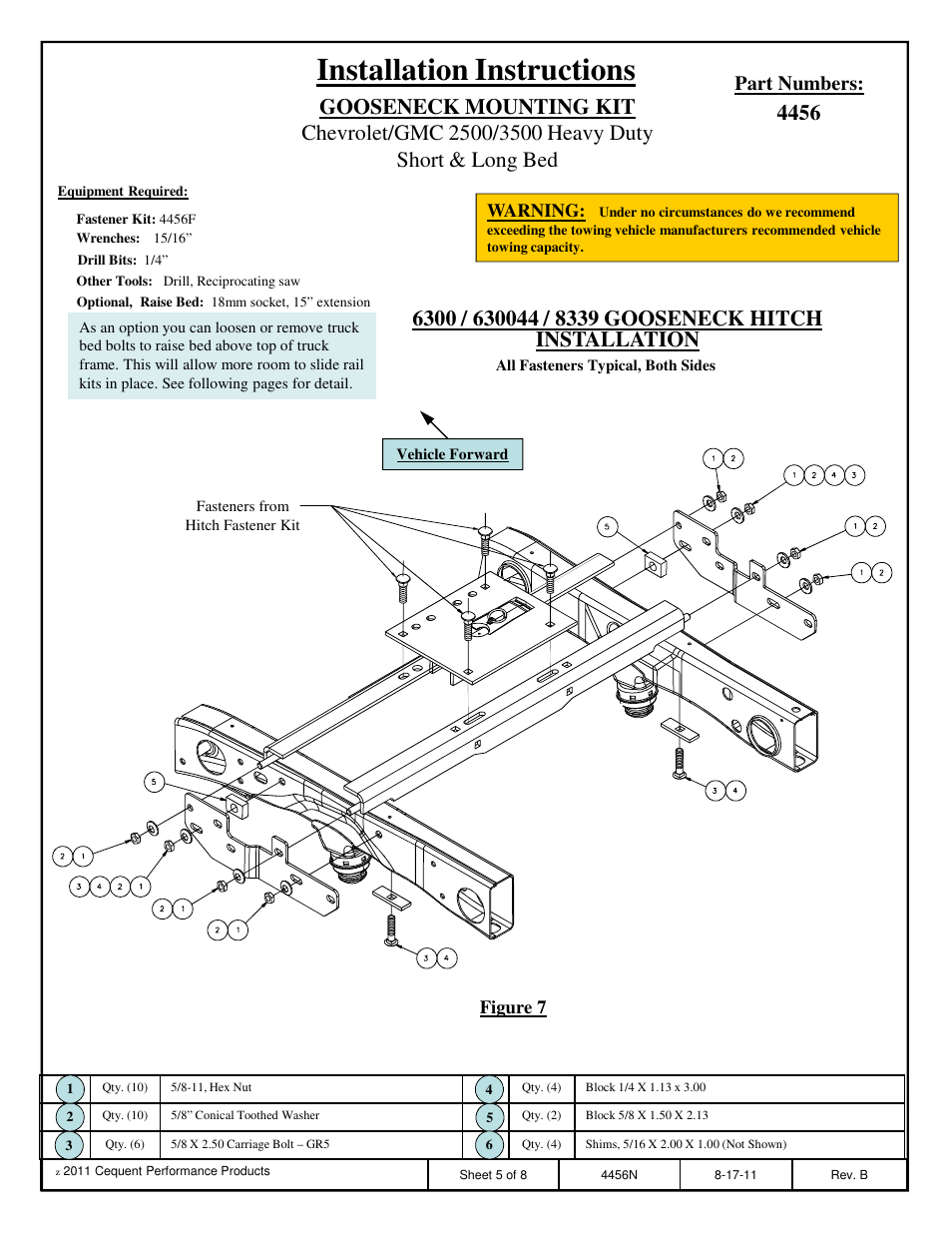 Installation instructions, Part numbers | Draw-Tite 4456 GOOSENECK RAIL KIT User Manual | Page 5 / 8