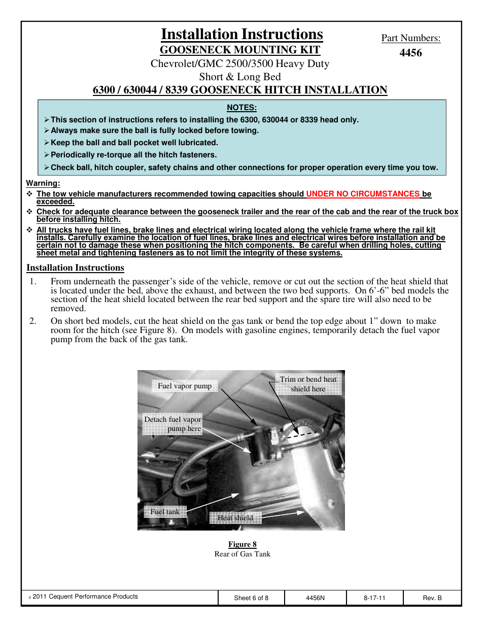 Installation instructions, Part numbers | Draw-Tite 4456 GOOSENECK RAIL KIT User Manual | Page 6 / 8