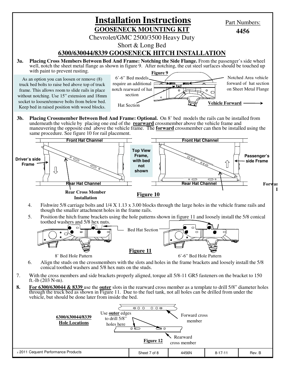 Installation instructions, Part numbers | Draw-Tite 4456 GOOSENECK RAIL KIT User Manual | Page 7 / 8